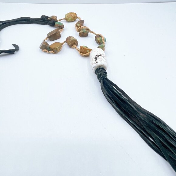 White Pendant Stone Beaded Macrame Necklace With Black Leather Tassel & Adjustab - Picture 3 of 8